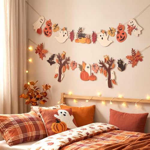 Image of Halloween Fall Decorations - 2PCS Cute Little Ghost and Pumpkin Maple Leaves Paper Banner Bunting