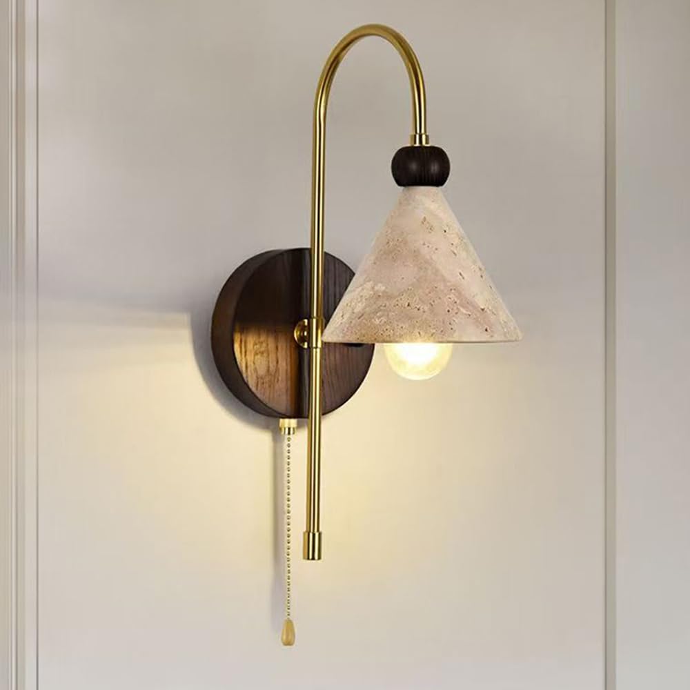 HUAYUSEDF Yellow Travertine Wall Sconce Stone Lighting Fixture Nordic Modern Marble Natural Bedside Lamps 7W Wooden Base Hardwired Lights for Bedroom Stair F