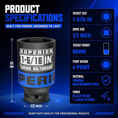 Image of 1 /2 inch Drive Impact Socket, 1-5 /16 Inch Deep Socket, SAE, CR-MO Axle Nut Socket, 6 Point, for Automotive Repair, Axle Shaft Nuts Removal & Installation
