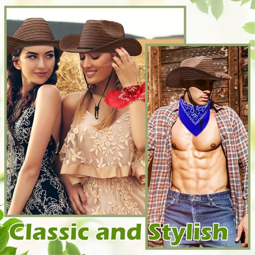 Image of Coume 36 Set Straw Cowboy Hats with Bandana Include 36 Cowboy Party Hats 36 Western Scarf in 4 Color for Cosplay Accessories