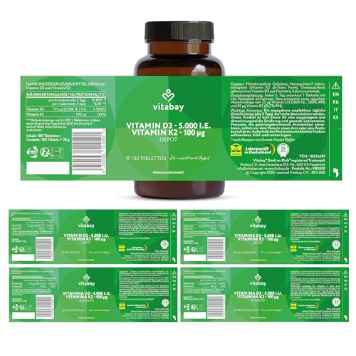 Vitabay Vitamin D3 + K2 Depot – 180 vegane Tabletten – hochdosiert – 5000 IE Premium Vitamin D3 mit K2-MK7 All-Trans – ohne Zusätze – vegan & laborgeprüft in Deutschland – Vorrat für über 18 Monate