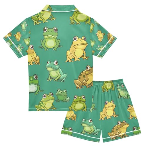 senya Cartoon Frogs Green Satin Summer Pajama Sets Silk Short Sleeve Button Down Sleepwear2
