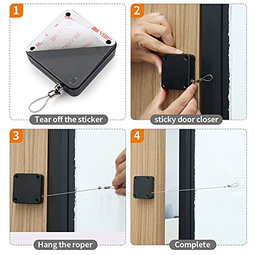 Punch Free Auto Sensor Door Closer,Quick Easy Door Closer Multifunctional Automatic Sliding Door Closer With Steel Drawstring For Residential Commercial Doors,Back Door, Bathroom Door (4P, Black) #TOP4