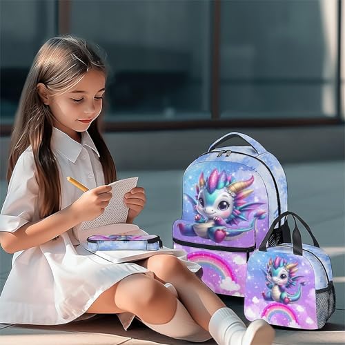 Girls Backpack with Lunch Box - Cute School Bookbag Set - Dragon Backpack for Girls - Back to School Gifts for Kids Child - 17 Inch Toddler Back Pack for Primary/Preschool2
