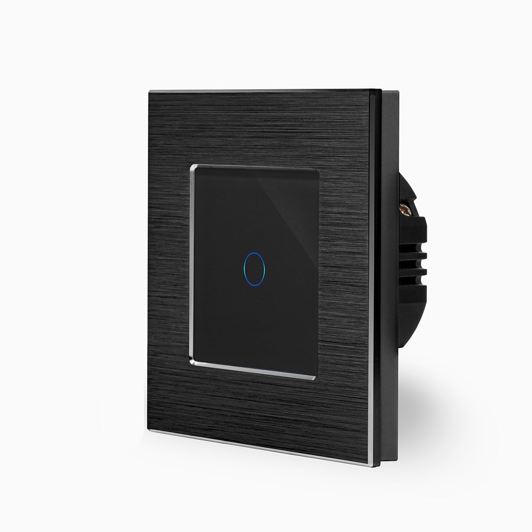 POINT Smart Einfacher WIFI Touch Lichtschalter Ein/Aus 1-Fach im Aluminium Rahmen in Schwarz 1-Weg Smart Home Glas Berührungs Wandschalter für Alexa Google Home IFTT Tuya App gesteuert Luxus-Time