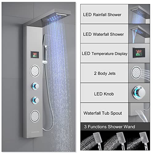 Rovate Shower Panel Tower System With Led Rainfall Waterfall Shower Head, 5-In-1 Led Stainless Steel Shower Panel System With Body Massage Jets, Handheld Shower And Tub Spout, Brushed Finish #TOP1