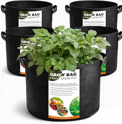 COKIELE 5 Pack 3 Gallon Fabric Grow Bags Heavy Duty 300G Thickened Aeration Nonwoven Fabric Garden Pots with Handles Planting Bag for Tomato Potato Strawberry Vegetable Fruits and Flowers