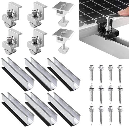 Solarmodul Halterung Flachdach, 6 Alu Montageschiene & 6 Endklemmen, Verstellbare Solarpanel Klemme für 30-35mm Module, PV Halterung Montageset für Flachdach Trapezdach