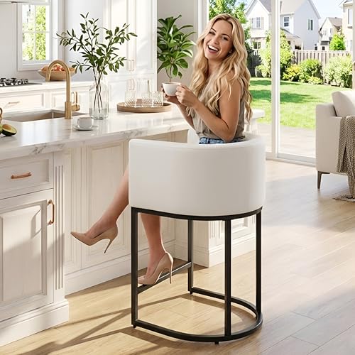 Image of HNY White Modern Barrel Counter Height Bar Stool, 24 Inch PU Leather Kitchen Barstool with Back for Island, with Black Metal Tubular Frame