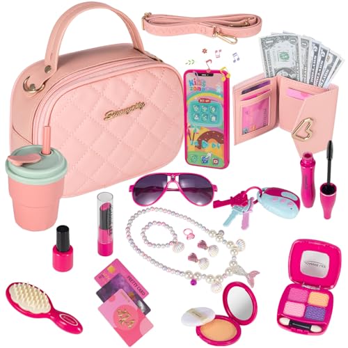 Play Purse for Little Girls, Toddler Purse with Accessories and Pretend Play Makeup Kit, My First Purse Set Includes Pink Handbag, Wallet, Toy Phone, Kids Toy, Christmas Birthday Gift Set for Age 3+