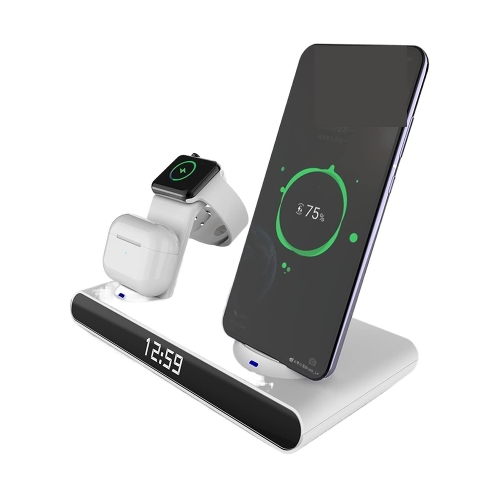 6 en 1 30W Rapide Chargeur sans Fil Horloge Pad for Support de Charge Qi for Montre écouteur Compact et Puissant(White with Plug)