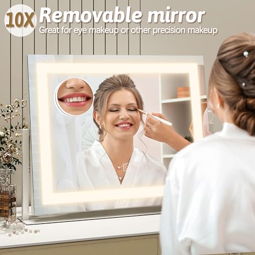 Vanity Mirror with Lights 22"x18", Lighted Makeup Mirror with 10X Magnification, Smart Touch 3 Colors Dimmable, 360° Rotation, Women Gift, Dresser Mount, Bathroom (White)