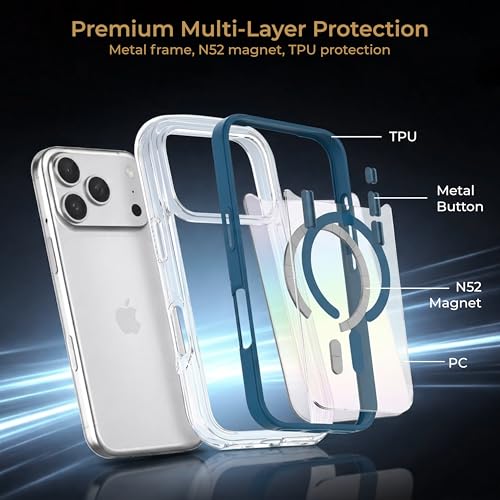 Image of Airbag Phone Cover Compatible with iPhone 17 Pro | 5 Layer Protective Structure | Anti-Scratch & Anti Aging Back Cover | Heat Protection During Charging | Compatible MagSafe | Blue | 5 Layer Protective Structure, Anti-Scratch & Anti Aging, Heat Protection During Charging, Compatible MagSafe