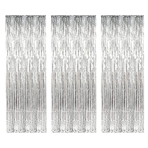 3 Pièces Rideaux à Franges, 3.2x6.6 ft Rideau Metallique Brillant, Rideaux à Franges en Feuille pour Deco Anniversaire, Photobooth (Argent) Cover