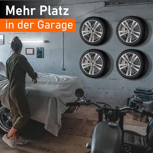 Upgrade4cars Reifen Wandhalterung Garage für 4 Felgen | Autoreifen Wandhaken bis zu 22 Zoll | Reifenhalter Haken Set | Edelstahl Reifenwandhalter Aufhängung Gummiert