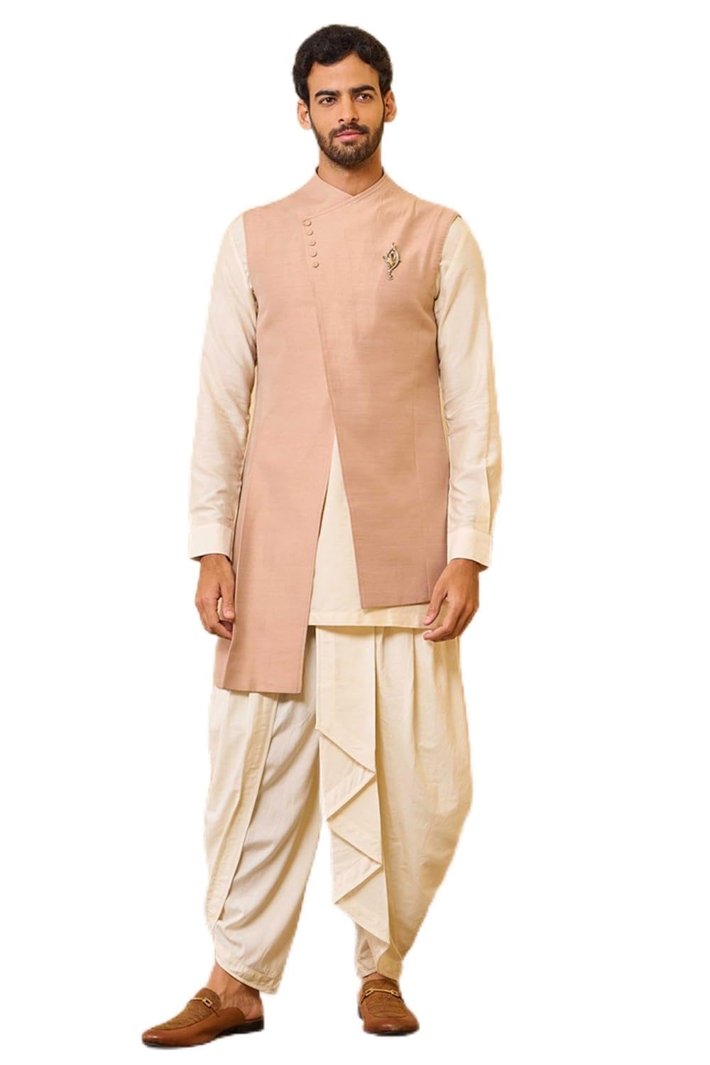 Pink Asymmetric Overlap Indo Western For Men-image-29