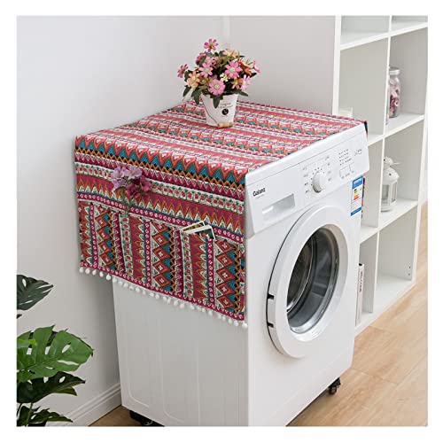 Washing Machine Cover,Washer Dryer Covers for The Top, Cotton Linen Fridge Cover with 6 Storage Bags (Color : Pink, Size : 55 x 130cm)