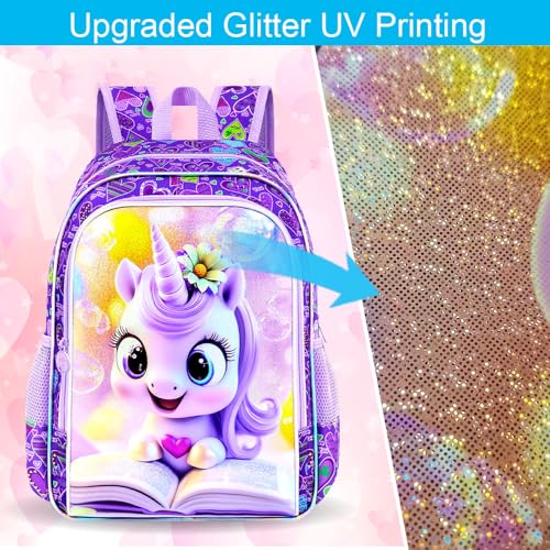 Image of CCJPX 3Pcs Unicorn Backpack, 16 inch Kids Girls Bookbag with Lunch Box, Water Resistant Elementary School Bag for Kindergarten Preschool Toddler (Purple)