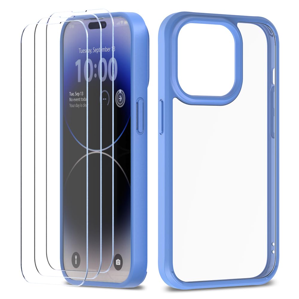 XClear for iPhone 14 Pro Max Phone Case Screen Protector [Premium Bundle] [Military Grade Drop Tested] [Not Yellowing Bumper] - Clear/Blue Case + 3 Pack Tempered Glass (2022/6.7inch)