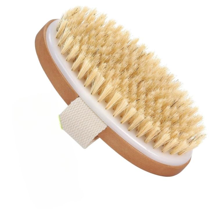 Image of KIMEE Premium Natural Bristle Dry Body Brush for Exfoliation, Lymphatic Drainage & Smooth Skin - Wooden Handle with Hand Strap, Spa-Quality Cellulite & Dead Skin Remover for Shower & Dry Brushing Routine