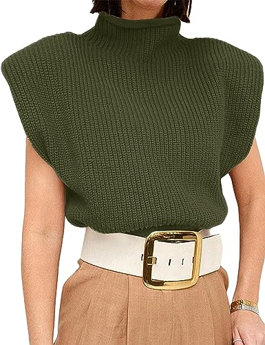 Image of Womens Sleeveless Sweater Vest Turtleneck Ribbed Knit Tank Tops Basic Slim Fit Top