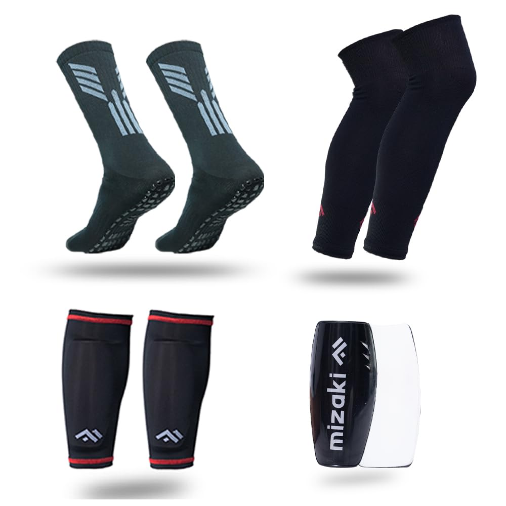 Mizaki Anti-Slip Football Sock, Leg sleev, Shingurd And Shingurd Supporter Combo Pack For Men&Women, All-in-One Football Accessories Pack,