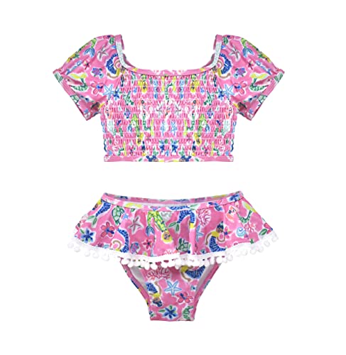 Image of Flap Happy Baby Girls' UPF 50+ Gemma Two Piece Smocked Pom-pom Swimsuit