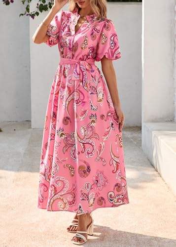 Image of KIRUNDO Women Spring Summer Wedding Guest Boho Floral Maxi Dress Puff Sleeve Button Shirt V Neck Flowy Beach Vacation Dress(Pink, Small)