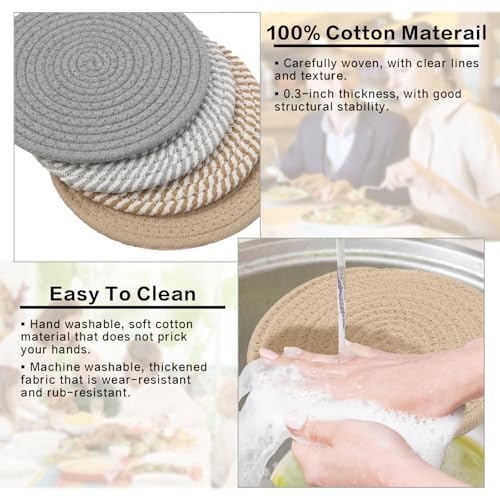 20CM Placemats Set of 4, Round Cotton Braided Woven Placemats, Heat Resistant Grey placemats, Washbale placemat and Coasters for Kitchen Dining Table Home Restaurant - Image 5
