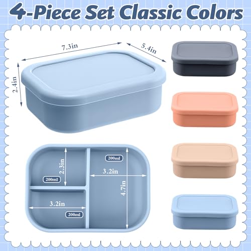 Image of Honeydak 4 Pcs Silicone Bento Box, 3 Compartment Lunch Food Container for Women Men, Leak Proof Microwave Easy to Clean Dishwasher Freezer Safe (Grey,Blue,Khaki,Orange)