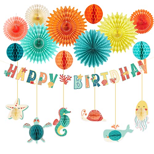 Under the Sea Party Decorations Happy Birthday Banner Paper Fans Ocean Sea Animal Honeycomb with Coral Starfish Sea Turtles Ocean Birthday Decorations Hanging Sea Creature Decoration for Party