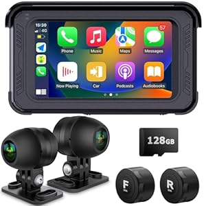 Waterproof Motorcycle Dash Cam with Wireless CarPlay & Android Auto, 5” IPS Touch Screen, Front and Rear Camera HD 1080P, TPMS, Bluetooth, Wi-Fi, GPS, 128GB Included