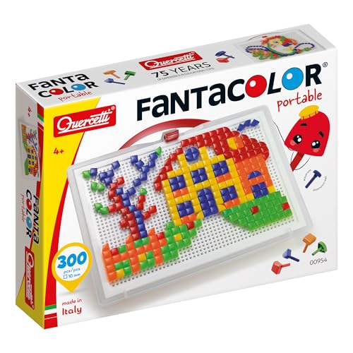 Quercetti FantaColor Portable Mosaik Bastelset Kinder Spielzeug ab 4 jahre für Kinder Montessori Spielzeug mit 300 Reißnägel Reisespielzeug in praktischer Aktentasche Geschenk Mädchen 4 jahre