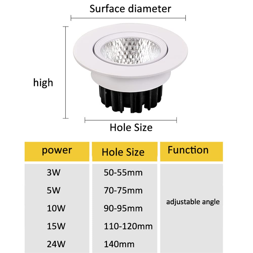 10 sztuk oświetlenia wpuszczanego 2 cale, 3 cale, 3 cale, 4 cale, 5 cali COB reflektor do biura oprawy oświetleniowe 3 W, 5 W, 10 W, 15 W, 24 W wiele gimbali downlight mo,5w-3000K
