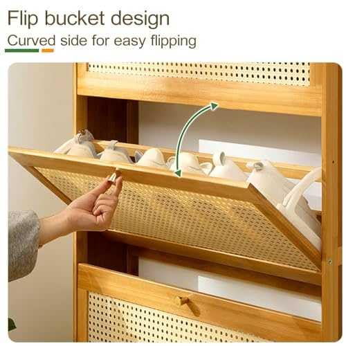 Smukła szafka na buty z rattanu z uchylnym pojemnikiem, organizer do przedpokoju i salonu z 3 szufladami, oddychający design z bambusa, 50 x 17 x 120 cm