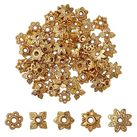WEWAYSMILE 100pcs Flower Shaped End Caps, Hollow Flower Bead End Caps, Spacer Bead Caps Jewellery Making, for Earring Bracelet Necklace Jewellery DIY Craft Making, 18K Gold Plated Cover