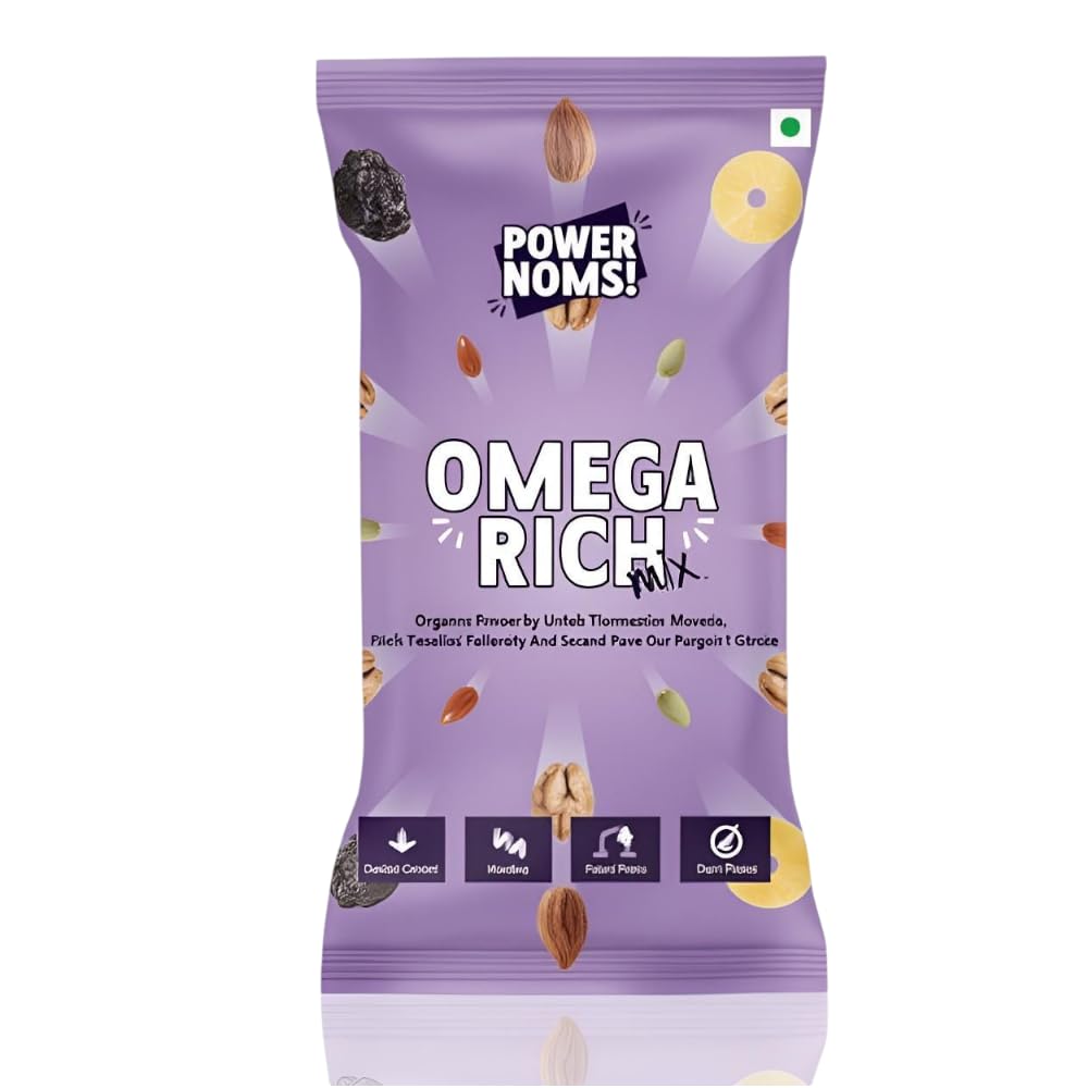 Powernoms Omega Rich Nut Seed Mix | 24x30g Packs | Almonds Walnuts Pumpkin Flax Seeds Black Raisins | 16g Omega 3 Protein Fiber | Energy Travel Snacks Bulk