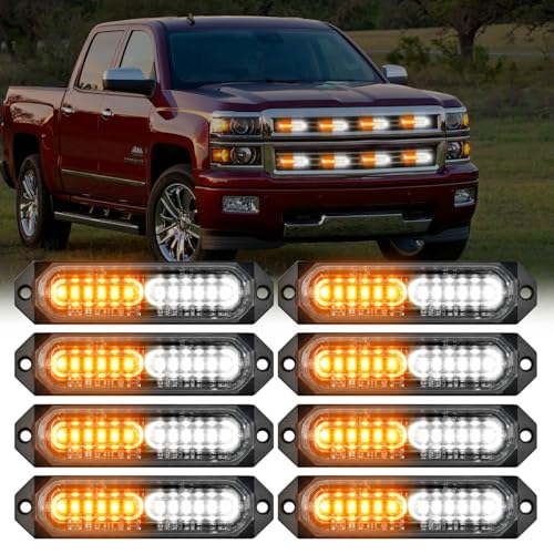 Image of Nilight 8PCS LED Strobe Lights 12V 24V Amber White Sync Feature Ultra Slim | Amber White 12 LED Emergency Hazard Warning Light Flashing Warning Mini Surface Mount Grille for Car Truck Camper trailer SUV