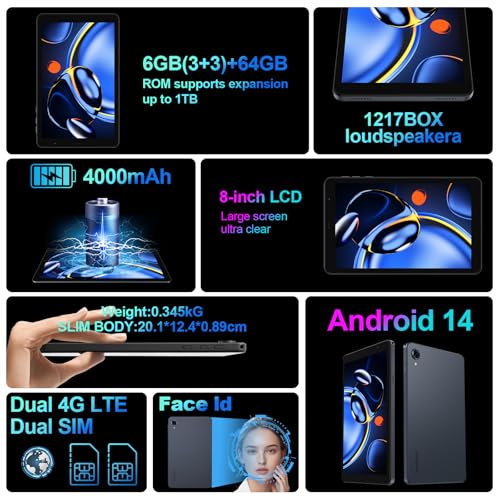 Image of Android 14 Tablet, 8 inch tablets with Pink Case, 2025 amazon Tablet 4G LTE Dual SIM, 6GB+64GB Expandable to 1TB, HD Display, 5MP+8MP Dual Cameras, 2.4G /5G WiFi, BT5.0, GPS, Face Unlock
