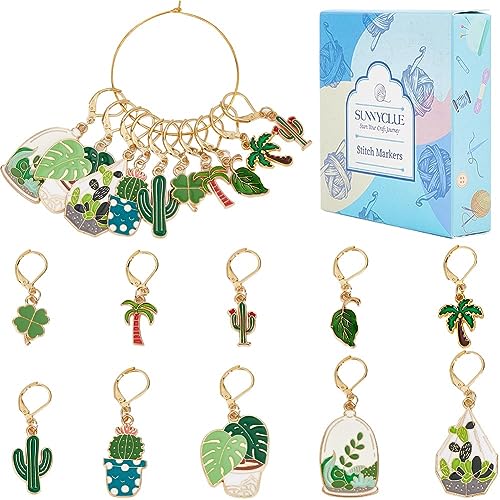SUNNYCLUE 1 Box 20Pcs Stitch Markers Cute Lobster Clasp Charms Green Plants Cactus Crochet Stitch Marker Removable Knitting Metal Crocheting for Sewing Weaving Knit Threading
