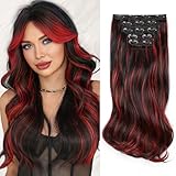Lommel Hair Extensions,20 Inch 5PCS Synthetic Fiber Clip in Hair Extensions Natural Soft Hairpieces for Women Black Mix Red
