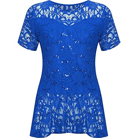 Fashion Knot Plus Womens Lace Sequin Short Sleeve Peplum Frill Party Top Size 14-28 Royal Blue Cover