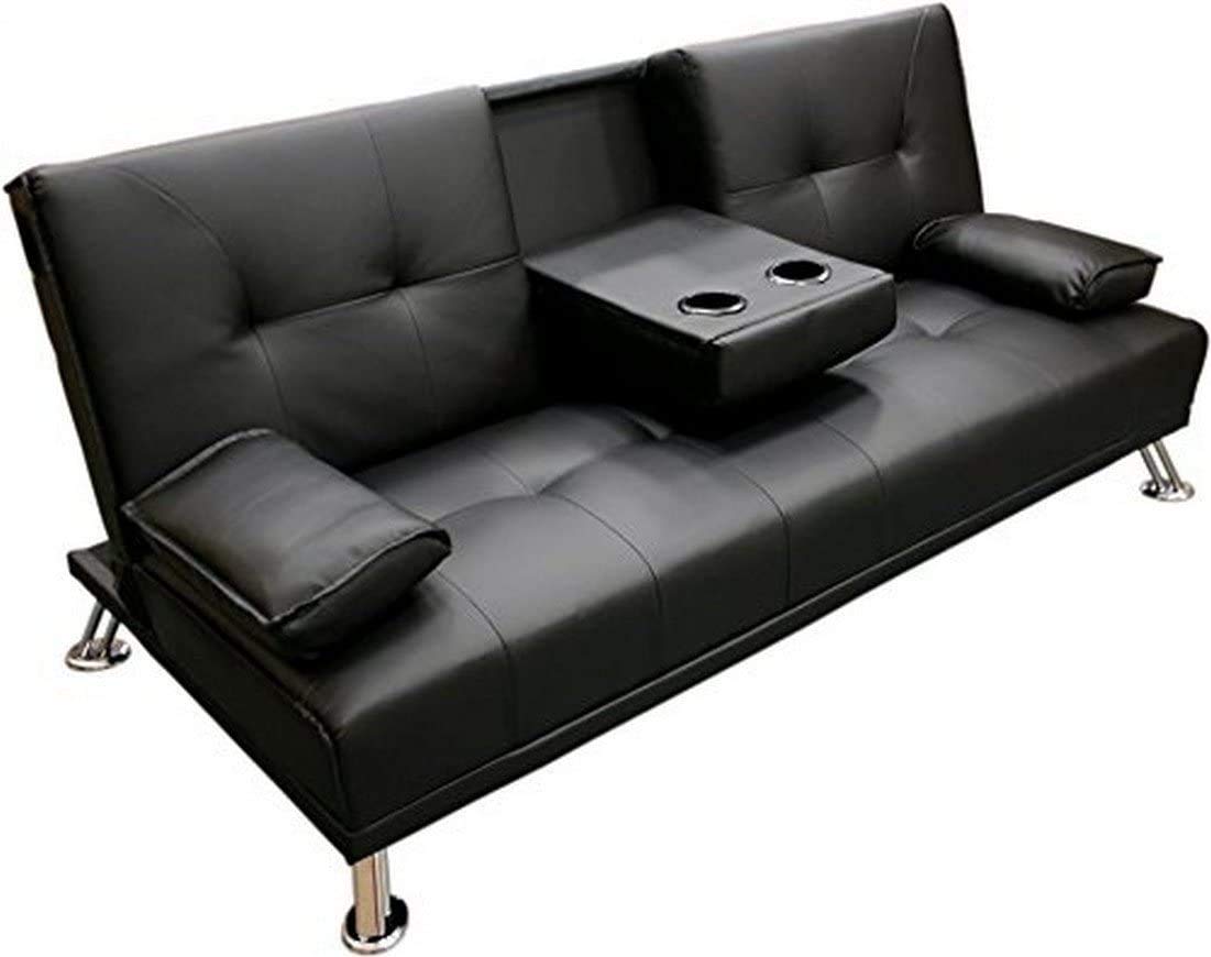 Faux Leather Folding Sofa Bed With Cup Holders Cinema Style