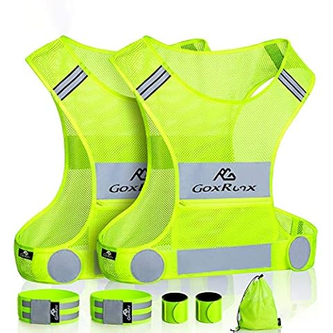 GoxRunx 2 Pack Reflective Vest Running Gear, Ultralight & Comfy Cycling Reflective Vests with Large Pocket & Adjustable Waist for Women Men, Night Runner Safety Vest + Hi Vis Armbands & Bag(Medium) Cover