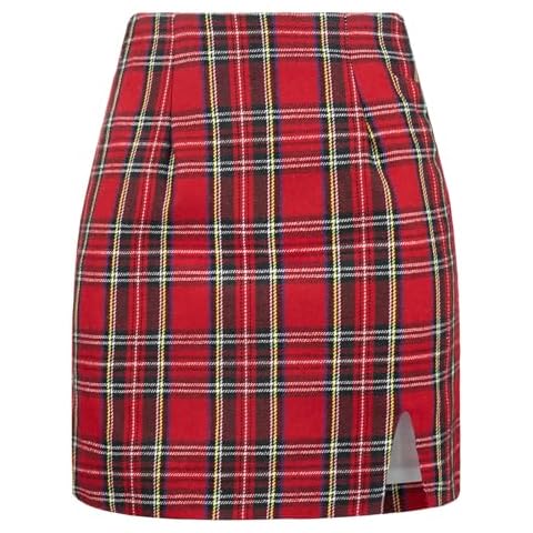 Ibeauti Women's High Waist Plaid Skirt Side Split Bodycon Pencil Mini Skirt (US, Alpha, Large, Regular, Regular, Plaid Red 01) Cover