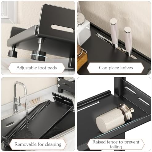 3-Tier Adjustable Metal Kitchen Rack - Height-Adjustable Countertop Organizer with Knife Slot, Rust-Proof & Sturdy Storage Shelf (Grey, 40cm)