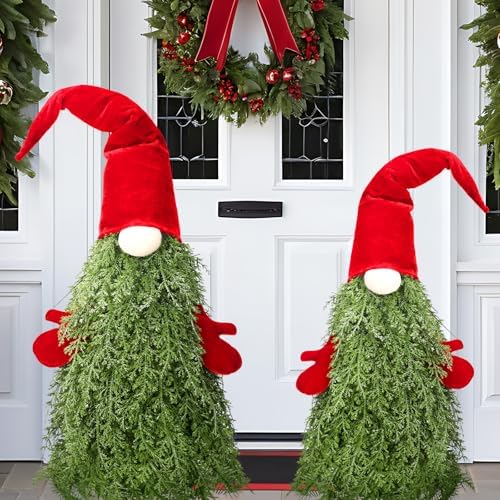 2 Pcs Christmas Gnomes Decorations 26" 22" Gnome Topiary Tree Set...