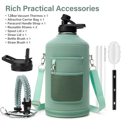 1 Gallon Water Bottle Insulated | Thickened Stainless Steel Vacuum Metal Water Jug | Portable Sports Large for Gym and Hiking with Straw, Carrier Bag, Handle Strap | BPA-Free 128 oz