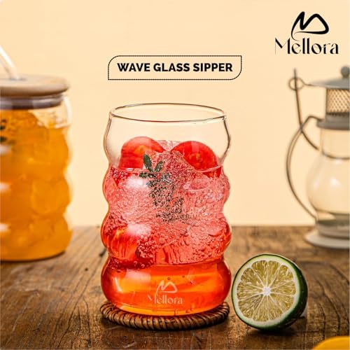 Image of MELLORA Wave Glass Tumbler with Straw 500ml Transparent Sipper for Mocktails & Cocktails | Ideal for Summer Travel, Outings & Daily Use