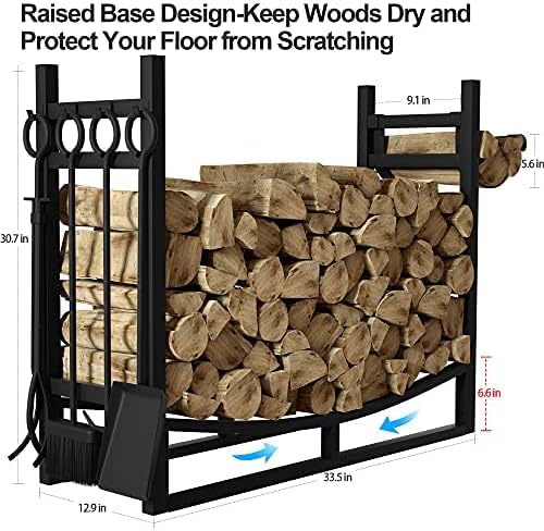 Amagabeli Large Wide Firewood Rack with Fireplace Tools Set Fireplace Tool Rack Indoor Outdoor Kindling Holder Heavy Duty Wood Storage Log Rack